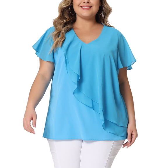 Agnes Orinda Women's Plus Size Top Flutter Sleeve V Neck Layered Ruffle Blouses 3X Blue