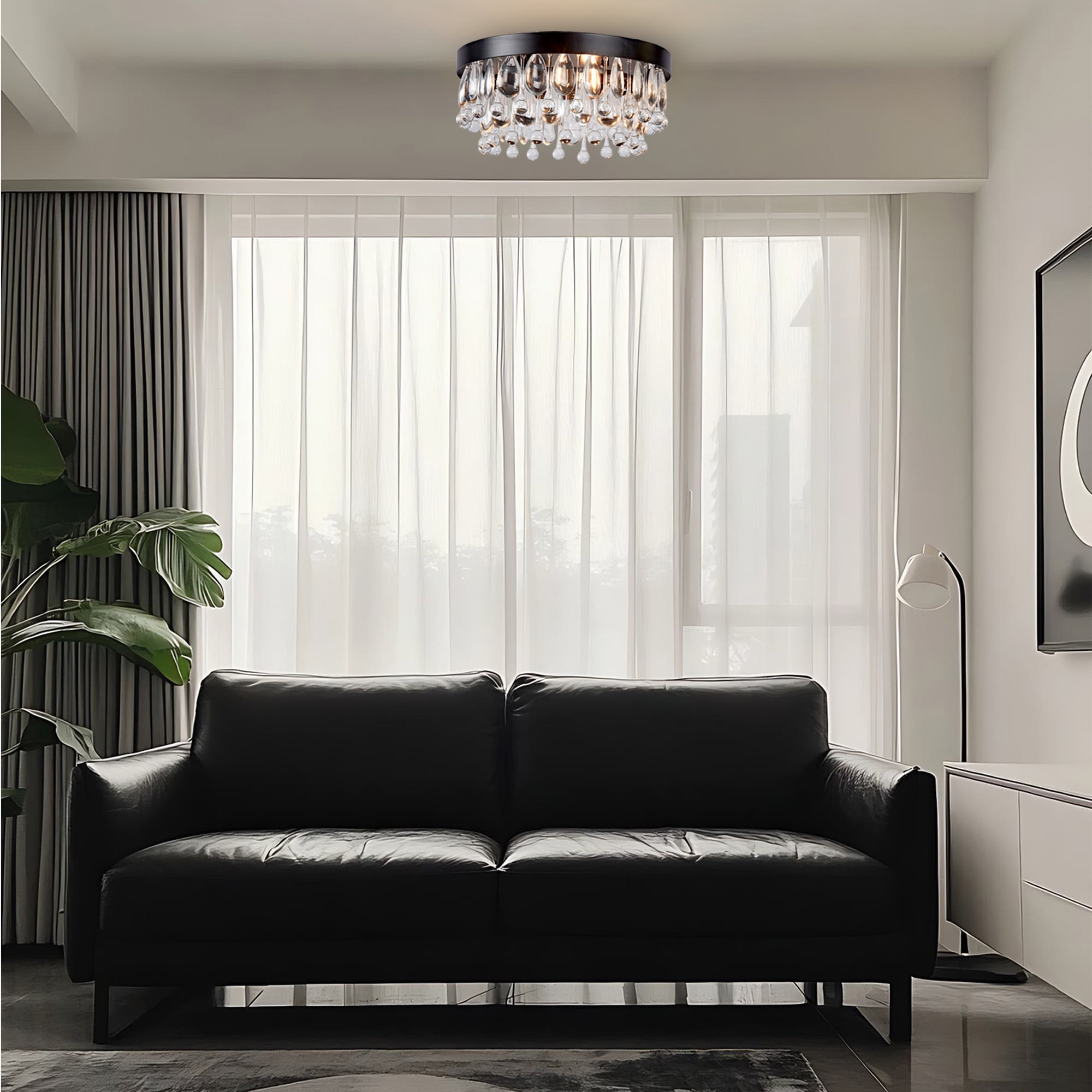 Mordern Matte Black Semi Flush Mount, 15 Inch Crystal Droplets Flush Mount Light, Unique Elegant Metal Close to Ceiling Light for Lving Room, Dining Room, Bedroom