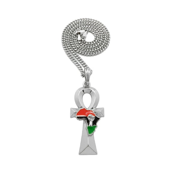 iJewelry2 Silver Tone ANKH Cross with Afro-Flag Colored Africa Continent and Fist Motif Cuban Chain Pendant Necklace 18''