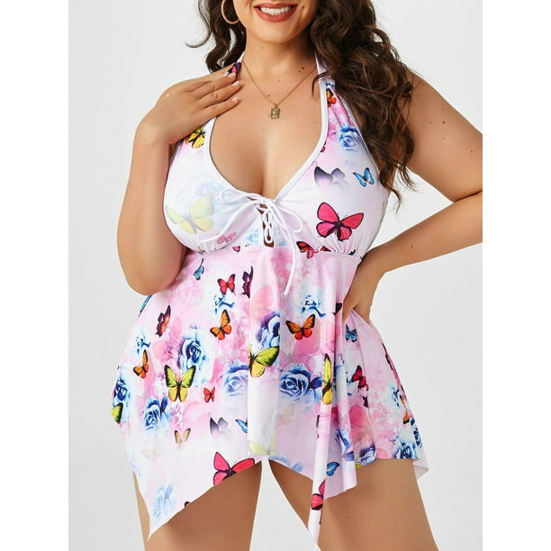 Tankini Trasparente de Pañuelo de Estampado de Mariposa en Talla Extra Rosegal Blusas Tallas Grandes