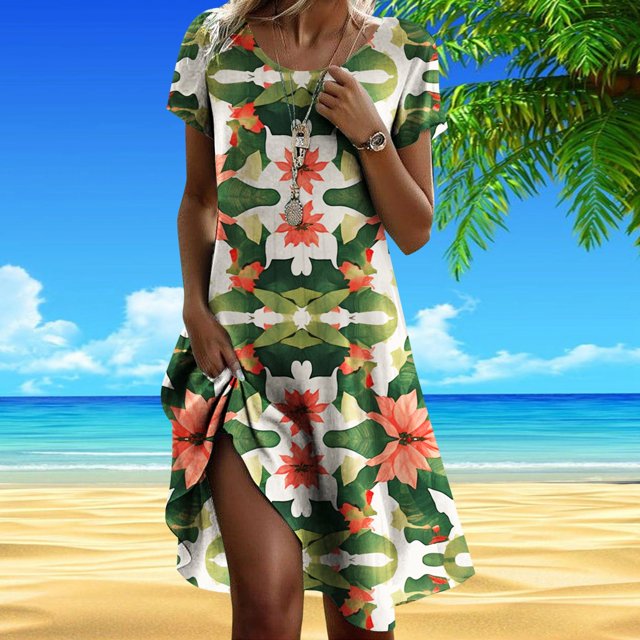WILLBEST Vestido Floreado Mujer Vestido Casual Con Estampado Floral Para Mujer Cuello Redondo Vacaciones Uso Diario Primavera Verano Básico Cómodo Elegante Atuendo Femenino 3185