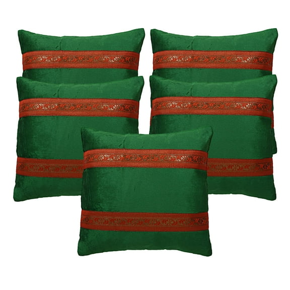 Stylo Culture Indian Sofa Throw Pillow Covers Jacquard 16x16 Brocade Dark Green Zippered 40x40 cm Bedroom Satin Velvet Floral Square Cushion Covers | Set Of 5
