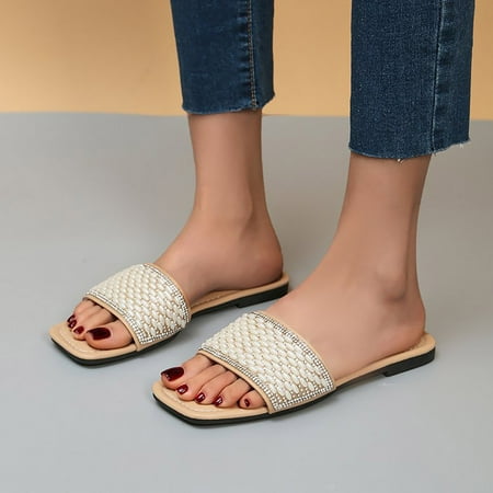 

SUODUI Women s Slippers Women s Beach Sandals Hollow Casual Slippers Flat Shoes Pearls Glitter Diamonds Flat Slippers Khaki 7
