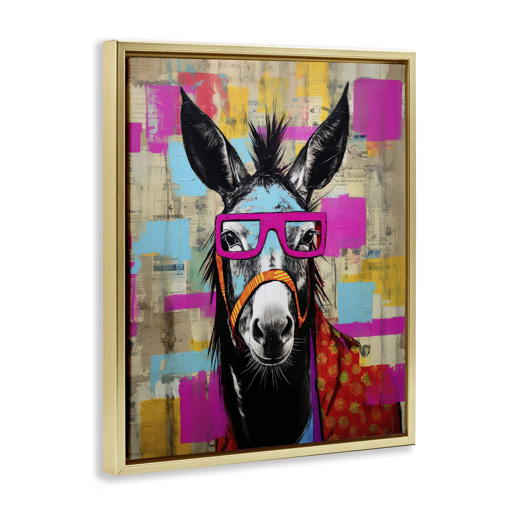 Stupell Industries Quirky Spectacle Donkey Animals Painting Gold Floater Framed Canvas Art Print Wall Art, 25 x 31