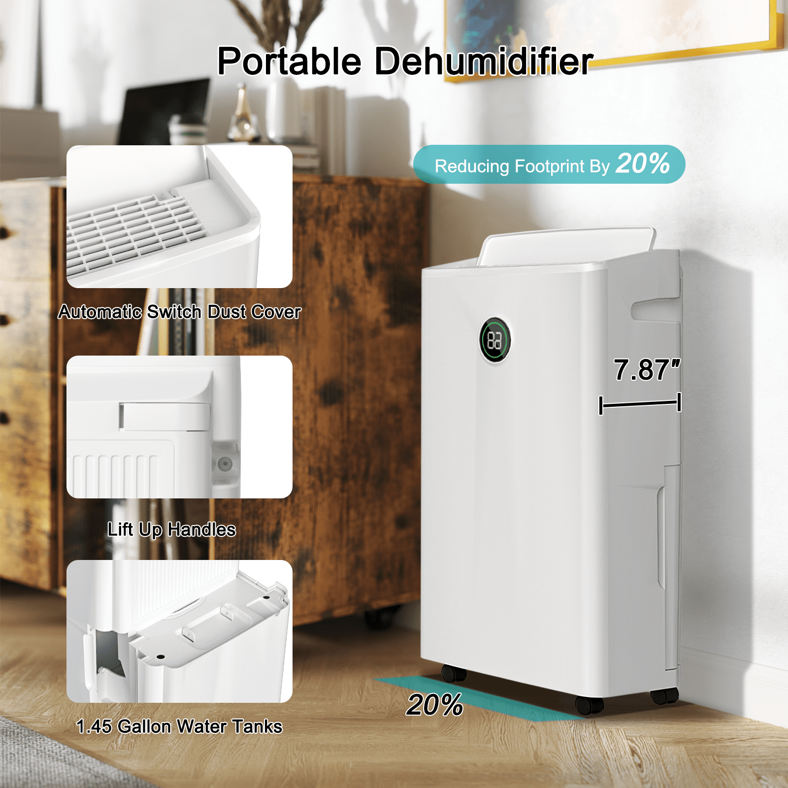 Rocyis 22 Pint Max Dehumidifier for Home with a 1.45 gallon(5.5 L) Water Tank, Auto Drain or Manual Drainage, 500 sq. ft. for Basements & Large Room (MAX 80Pint at 95°F, 90%RH)