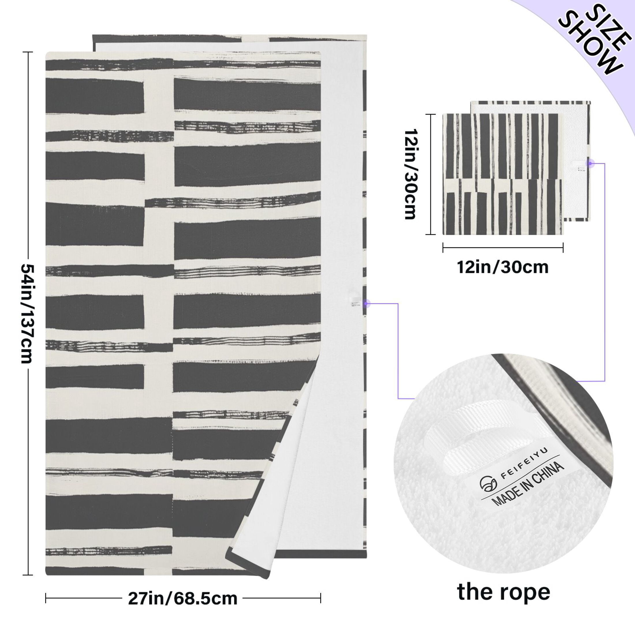 Black and White 2 Piece Cotton Bath and Face Towel Set Soft and Absorbent, for Beach Pool Bathroom