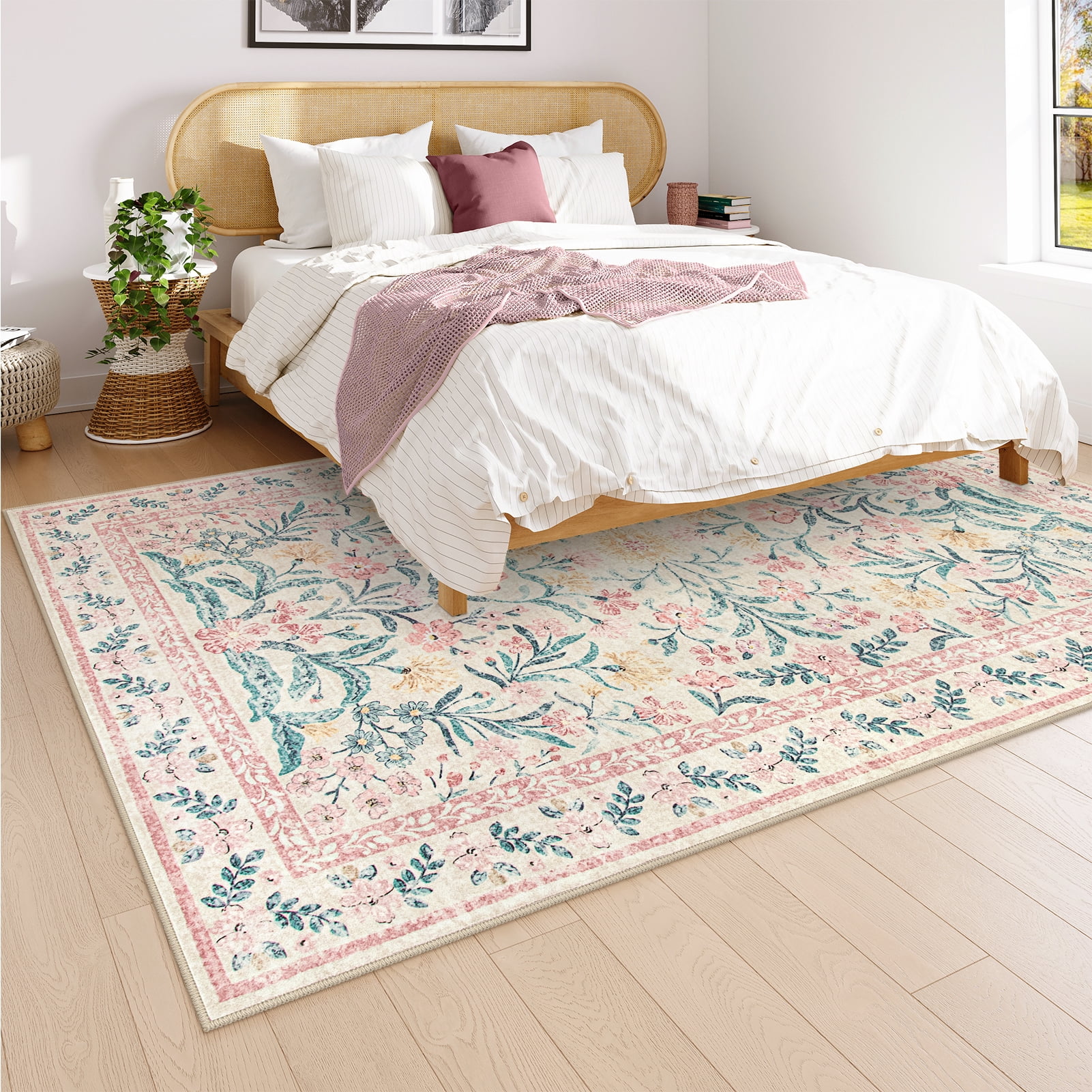 Lahome 5'x7' Washable Area Rug for Living Room with Non Slip Backing,Traditional Boho Rug,Low Pile Lightweight Carpet,Floral Print Mat,Better Home,Washable Machine for Bedroom,Pink