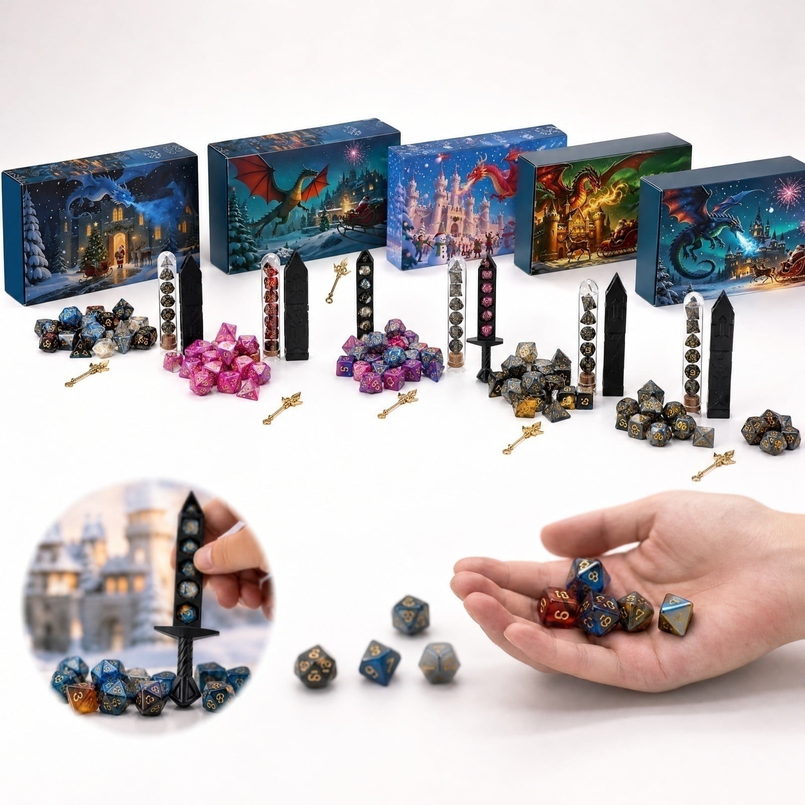 Advent Calendar with 24-Day Mystery Polyhedral Dice Set for Tabletop Role Playing Board Games Christmas Countdown Gift