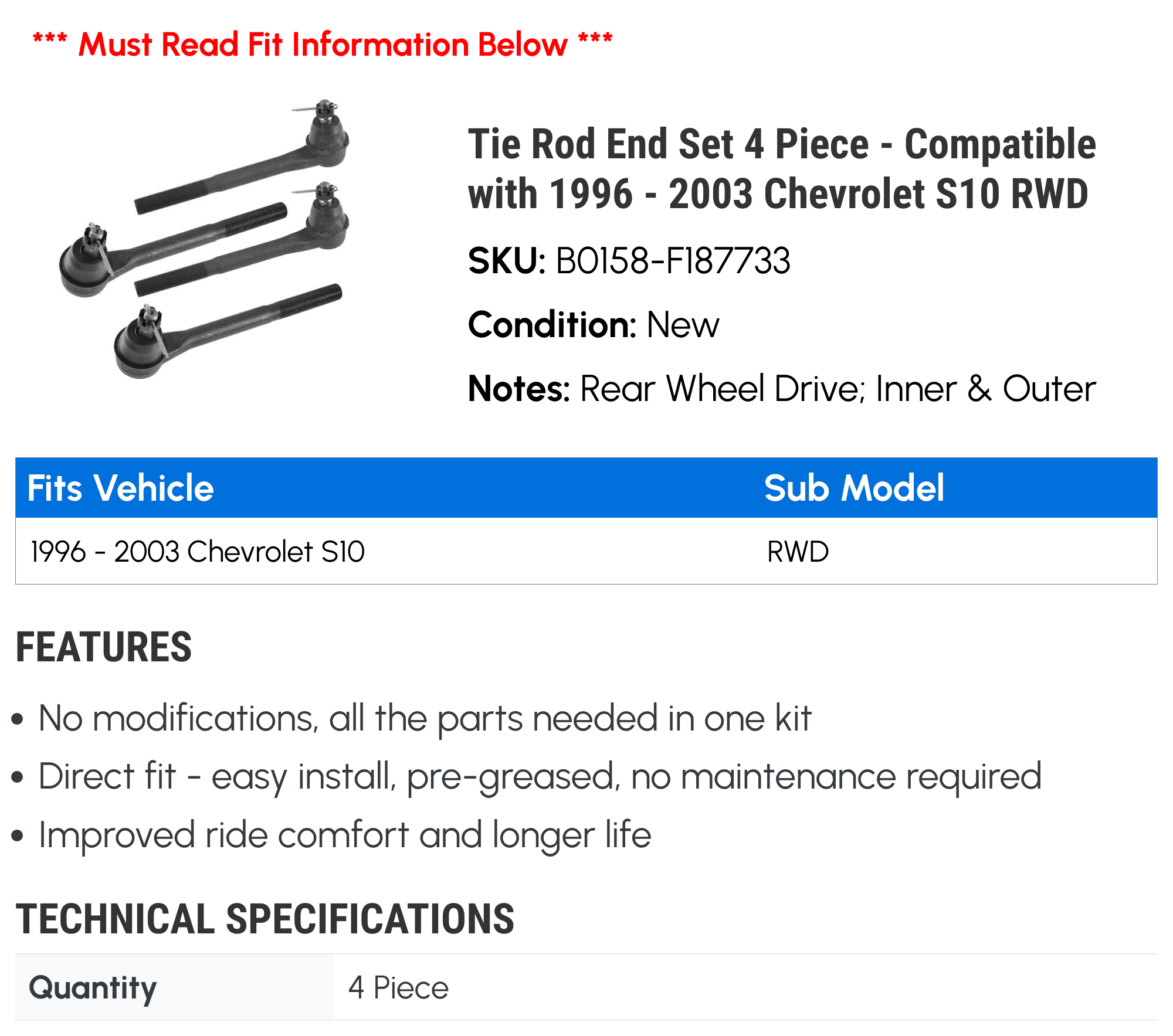Tie Rod End Set 4 Piece - Compatible with 1996 - 2003 Chevy S10 RWD 1997 1998 1999 2000 2001 2002