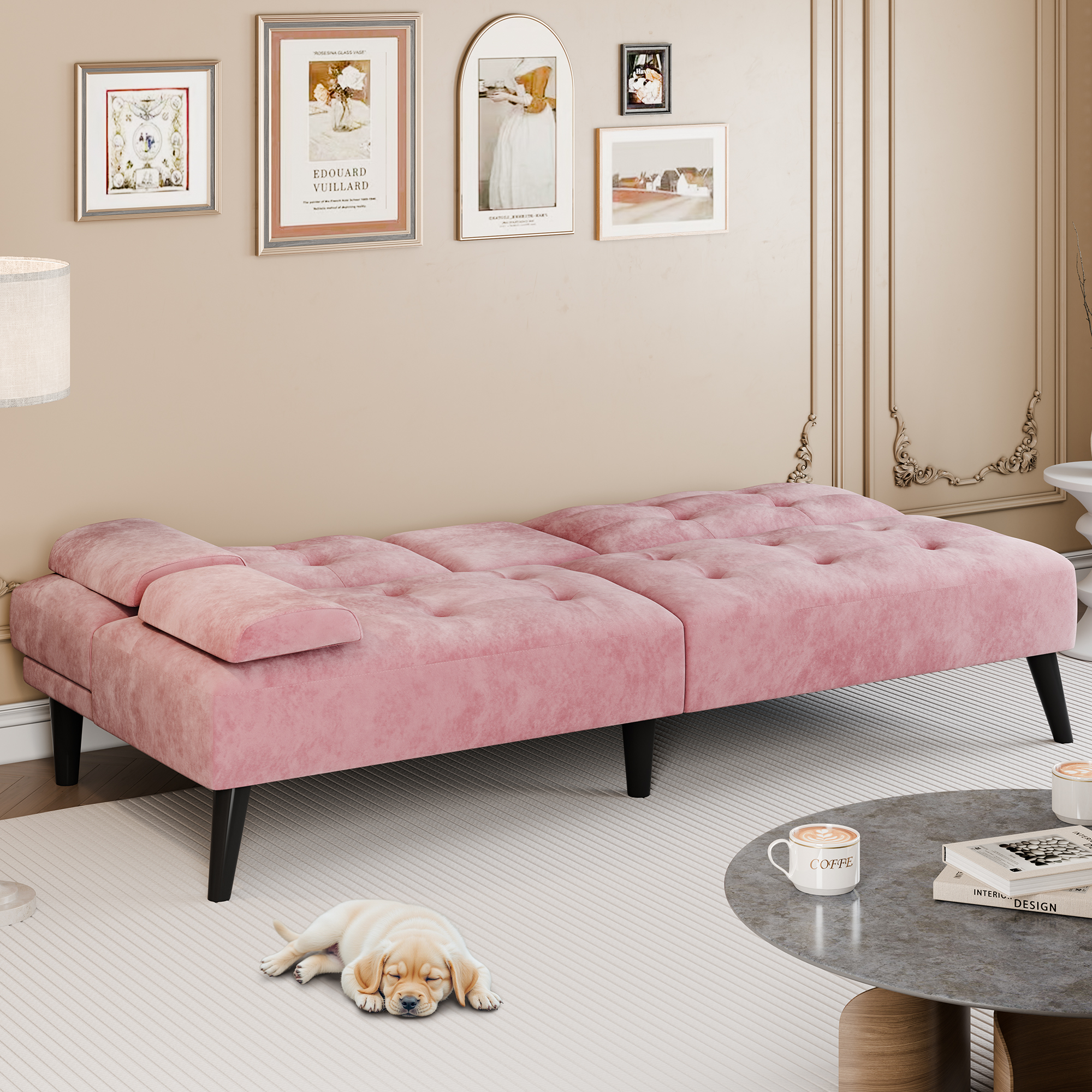 Walsunny 64" Sofa Bed Futon Couches, Folding Loveseat Recliner with 3-Angle Adjustment, Removable Arms 2 Cup Holders for Small Spaces,Pink