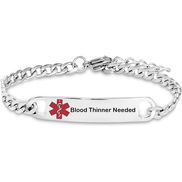 HSHDLDF Red Medical Alert Bracelet for Women Men Emergency First Aid Health Alert Engraved Adjustable Stainless Steel Chain Bracelets