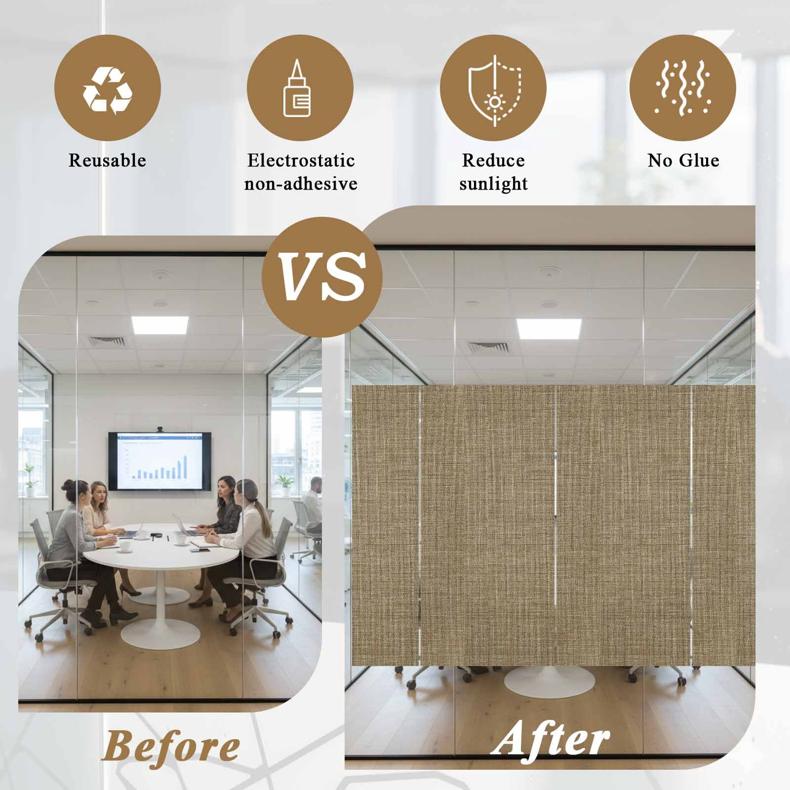 Static Cling Door Window Covering, Brown Window Privacy Film Frosted, Farmhouse Burlap Solid Beige Color Modern Linen Texture UV Blocking Windows Film for Office, Hotel, Bedroom, 29.5 x 78.7 Inches
