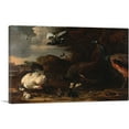 thumbnail image 1 of ARTCANVAS Two Peacocks Threatening a Hen with Chicks - The Threatened He Canvas Art Print by Melchior d-Hondecoeter - Size: 18" x 12" (1.50" Deep), 1 of 9