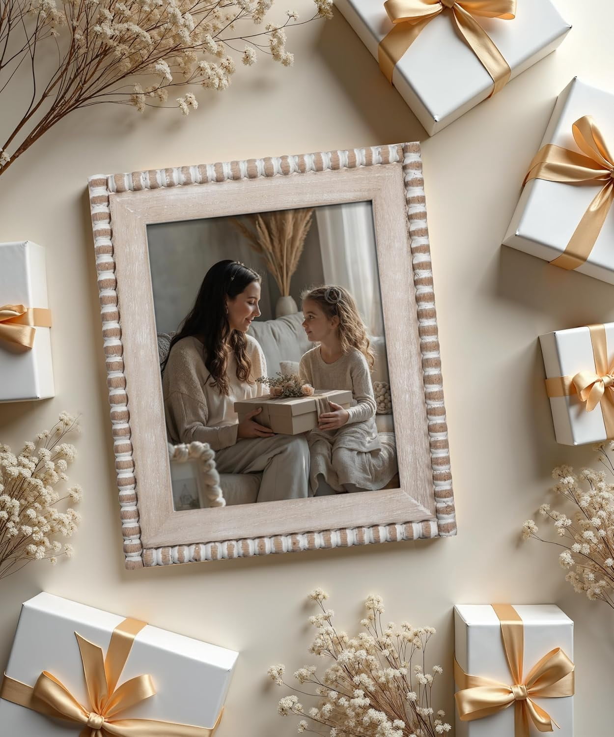 Afuly 8X10 Farmhouse Picture Frame Bohemian White Beads Photo Frame Wooden Worn Wall Mounted Tabletop Vertical Decoration Gift for Family, Couple, Friends
