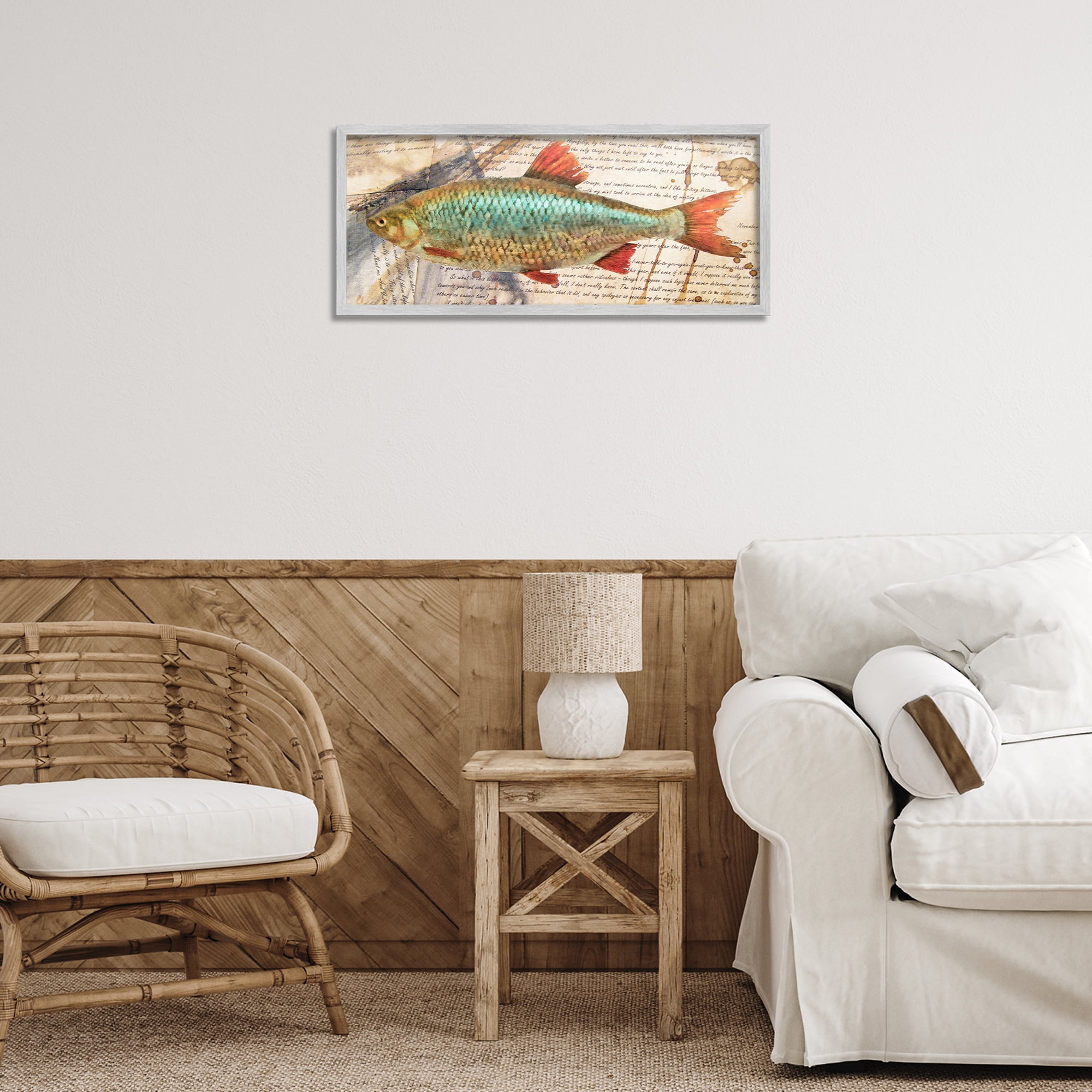 Stupell Industries Vintage Pages & Fish Animals & Insects Painting Gray Framed Art Print Wall Art, 24 x 10