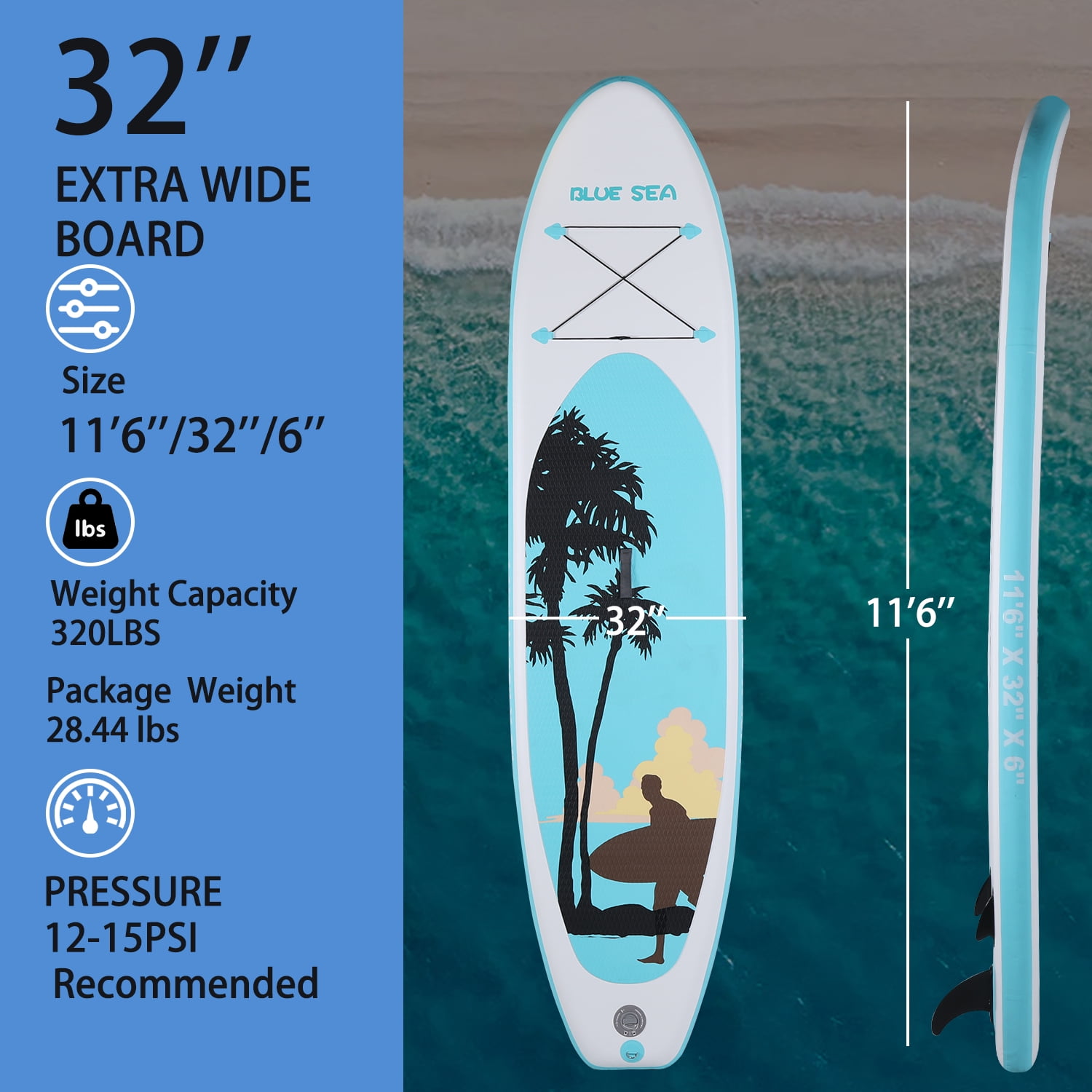XKZJPG 11' Inflatable Stand Up Paddle Board with SUP Accessories & Carry Bag , Wide Stance, Non-Slip Deck for Youth & Adult