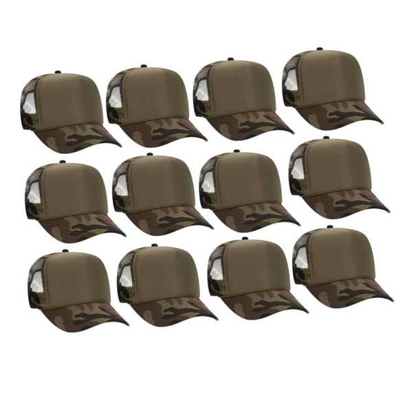 Couver Camouflage 5 Panel High Crown Mesh Back Trucker Hat, Front Split, Camo/Olive/Camo, 12PCS Bulk Set Pack