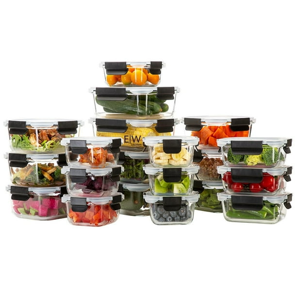JUEGO DE RECIPIENTES DE VIDRIO HERMÉTICO, CONTENEDORES Para Alimentos con Tapas Cierre Fácil, Refractarios para Cocina, Horno, Refrigerador Congelador (JUEGO 20 RECIPIENTES (40 PZ).)