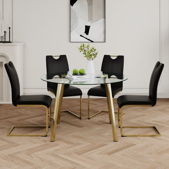 Modern Glass Round Dining Table Set for 4 - Elegant Transparent Top, Durable Metal Base, 4 Black PU Leather Chairs with Gold Legs - Perfect for Kitchen & Restaurant Use