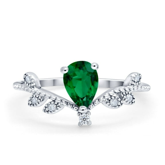 Midi V Style Teardrop Wedding Ring Pear Simulated Green Emerald CZ 925 Sterling Silver Size 5