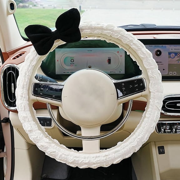 Car Steering Wheel Cover, Cloth Puffrug Car with Anti-Slip Sweat-Absorbing Woman Car Steering Wheel Cover, Black Bow