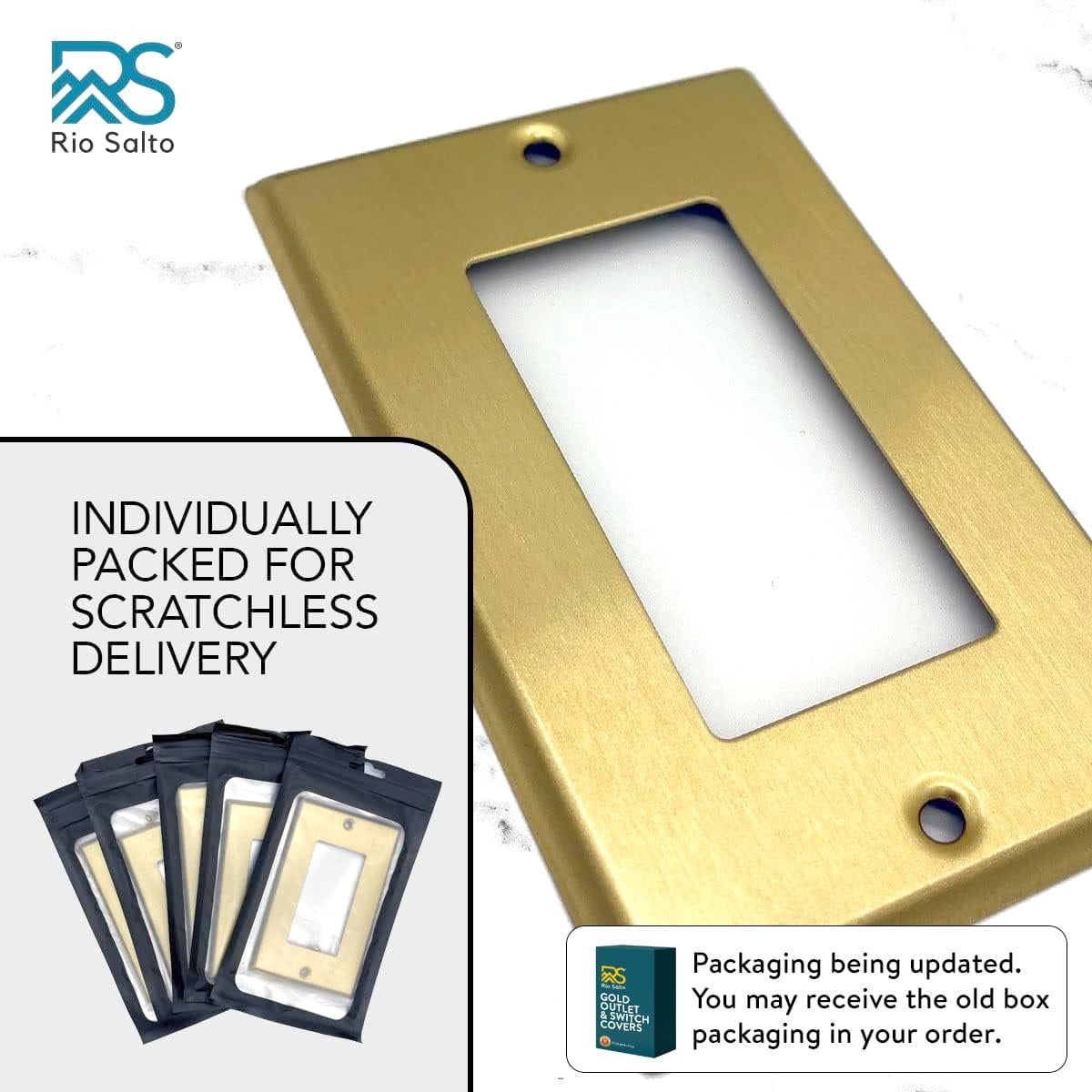 Rio Salto BRASS Signature Collection Metal Rocker Decorator Gold Light Switch Wall Plate or Outlet Cover Wall Plate 5-Pack Single Receptacle Wallplate Covers 1 Gang Receptacle Standard Size