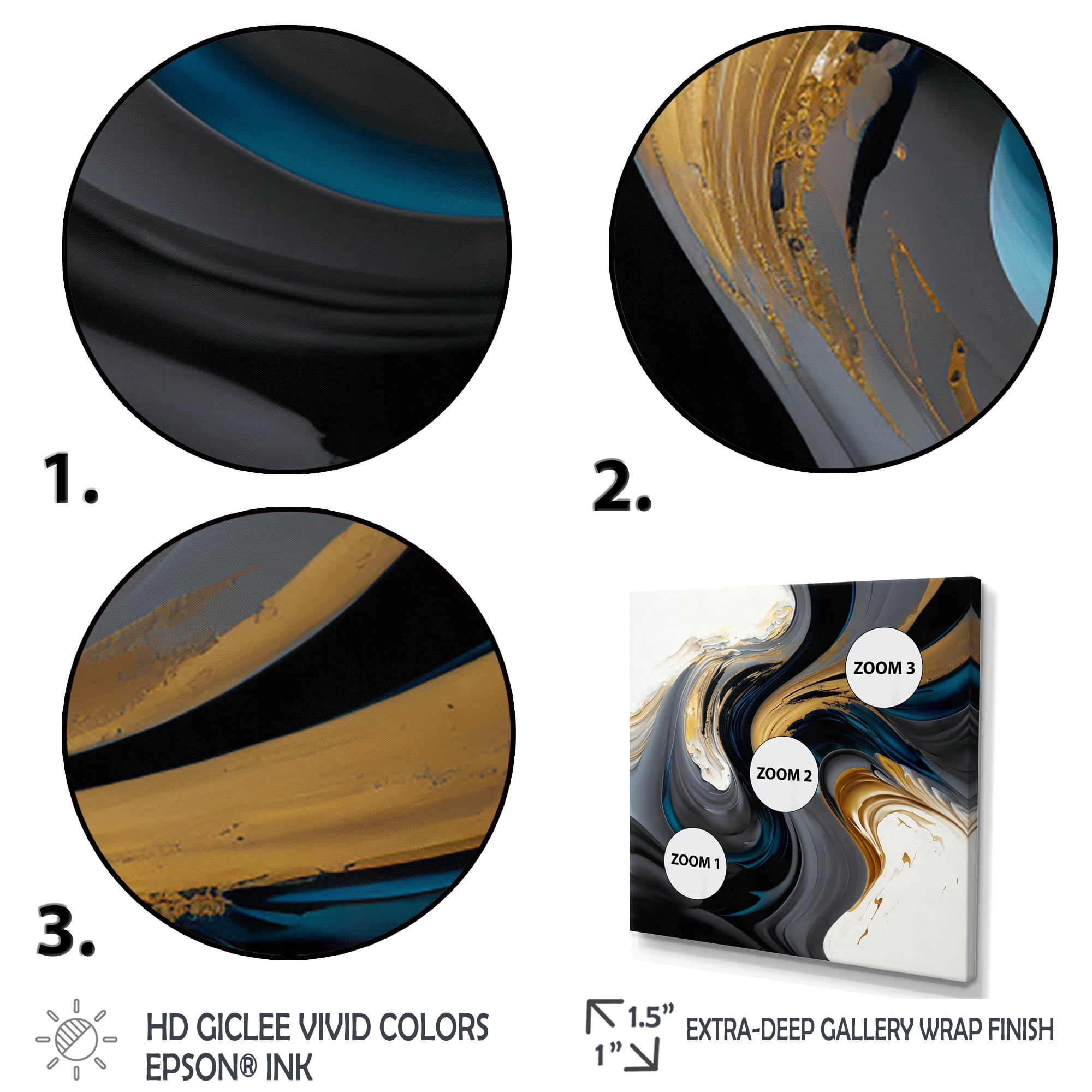 Designart Black, White And Gold Liquid Art IV Canvas Wall Art