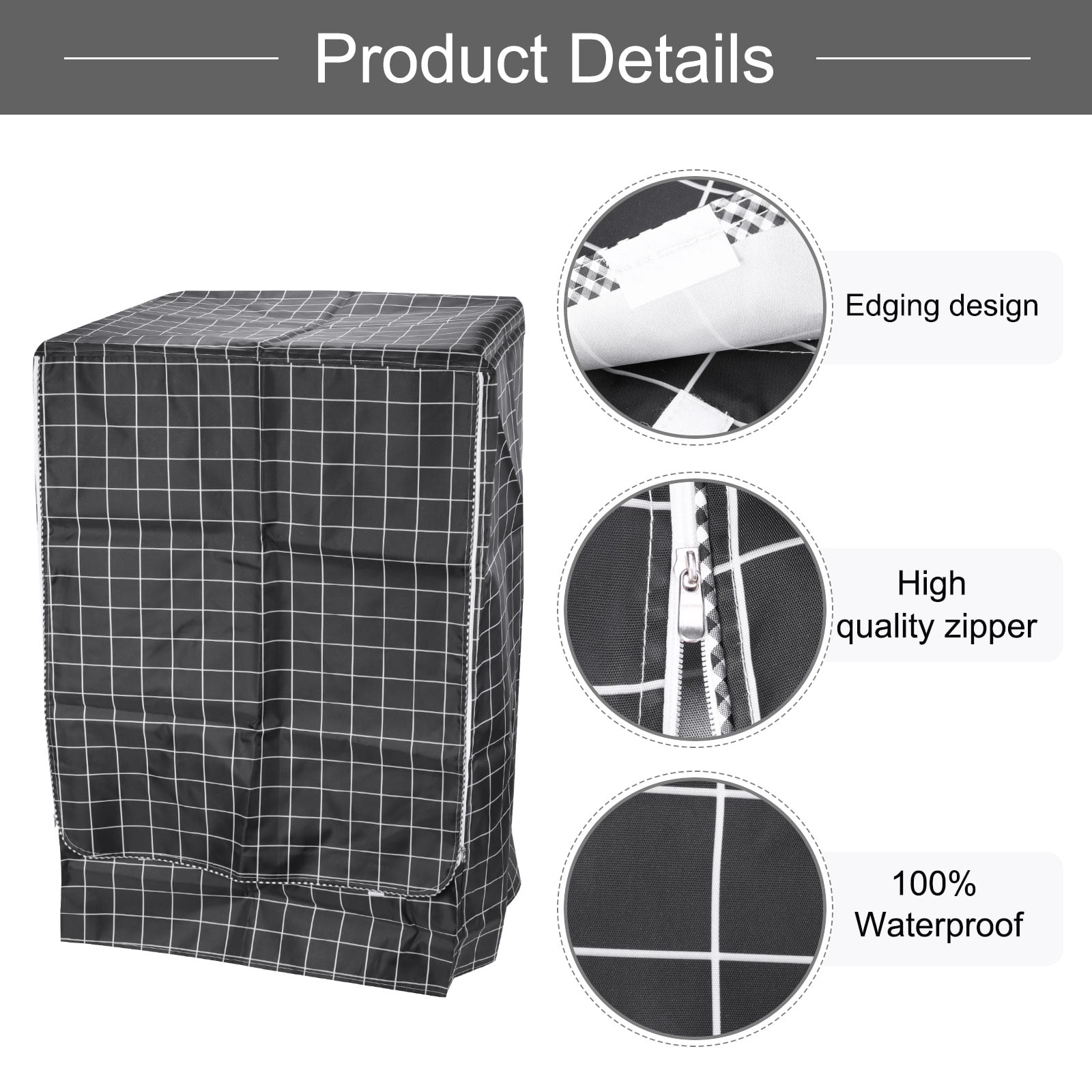 Uxcell Washer Cover Dustproof, Front Load Washing Machine Cover, 24Wx25Dx33H Inch Black Grid Waterproof Cover for Washer