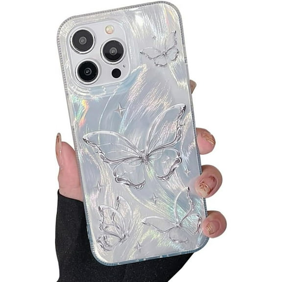 Silver Butterfly Laser Glitter Aesthetic TPU Case Compatible with iPhone Case (iPhone 15 Pro Max)