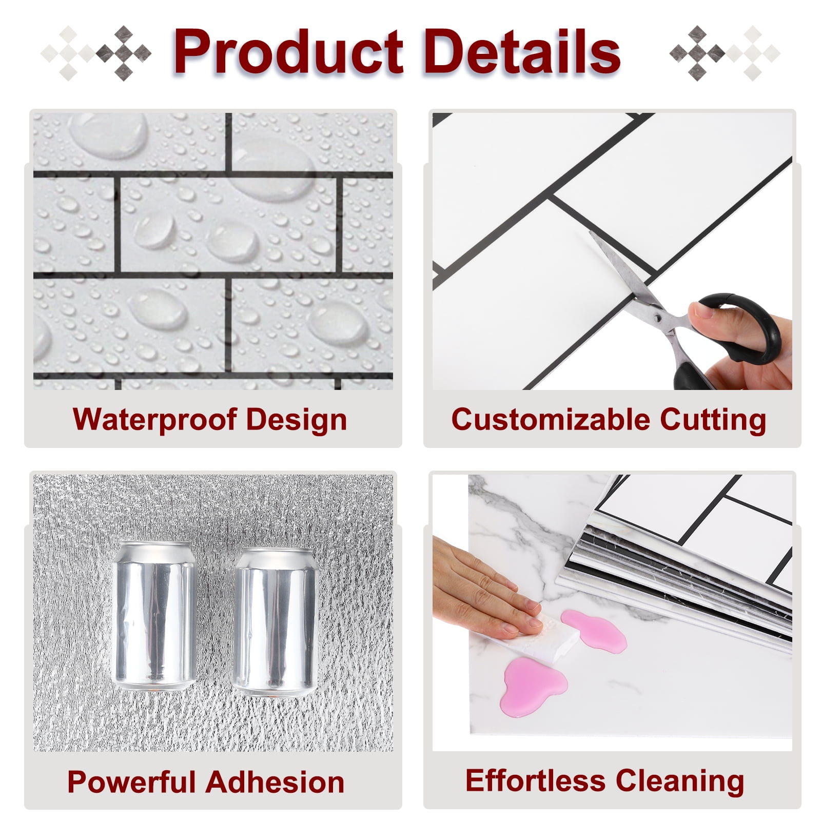 Uxcell 20Pcs Peel and Stick Marble Tiles, Waterproof Wall Panel Backsplash, 12"x12" Peel and Stick Shower Tiles for Bathroom, White Brick Design