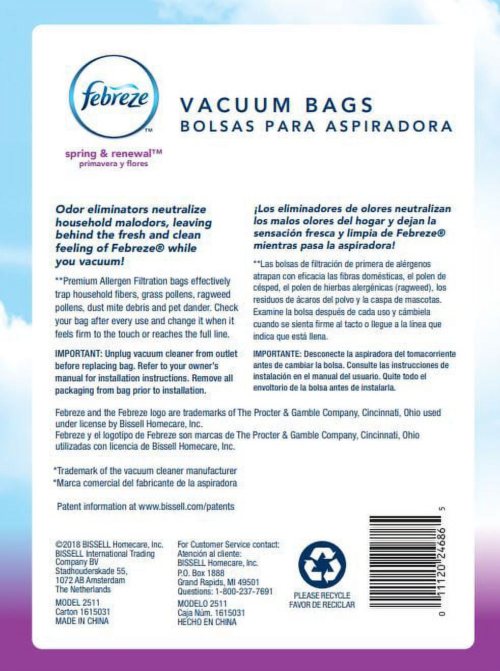 (2 pack) BISSELL Febreze Hoover Style Y Z Premium Allergen Filtration Vacuum Bags, 3-pack, 2511