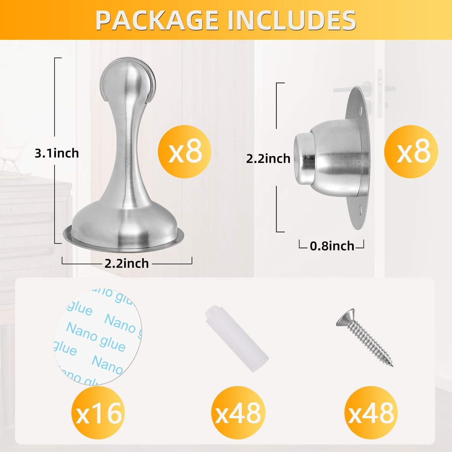 JJEAN-8 Pack Magnetic Door Stop No Drilling Door Stop with 3D Adhesive Tapes Keep Door Open Door Stainless Steel Screws for Stronger Mount (Silver)