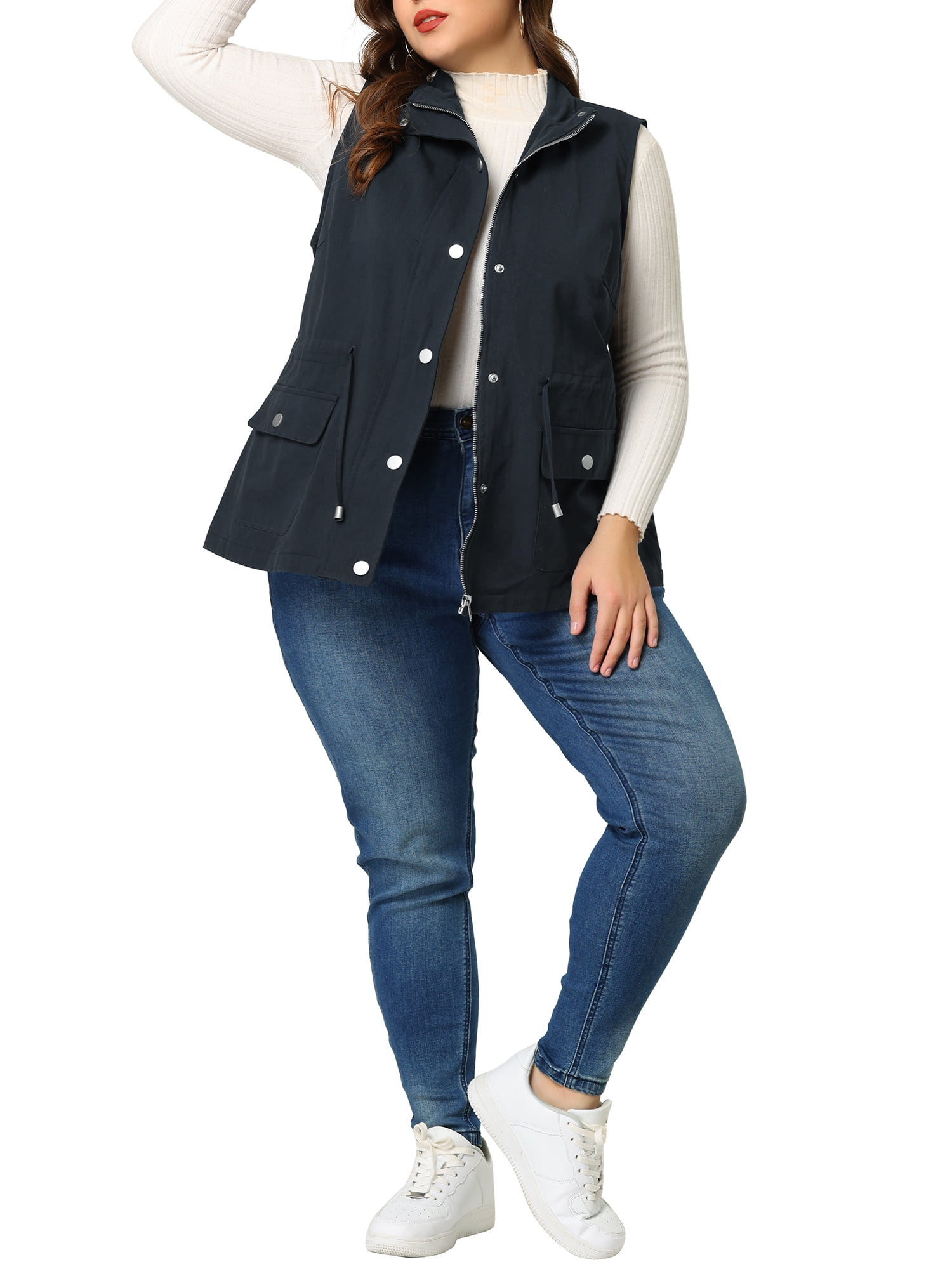 Unique Bargains Juniors' Plus Size Sleeveless Cargo Drawstring Waist Fashion Jacket Vest 3X Navy Blue