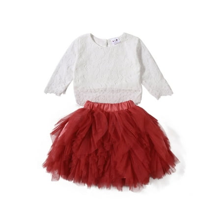

Toddler Kids Baby Girls Lace Sleeve T-Shirt Top Ruffle Tulle Tutu Skirt Princess Dress Outfit Set