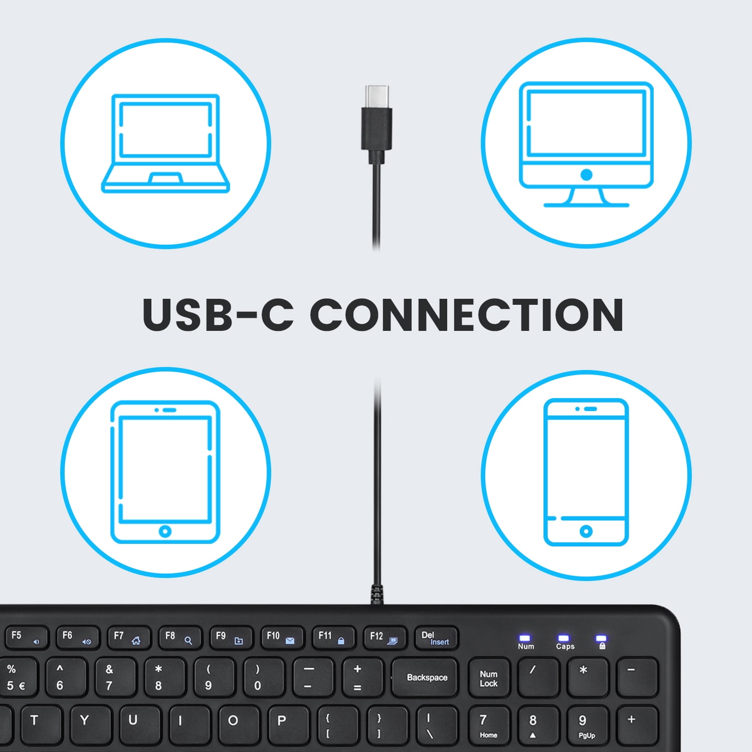 Perixx PERIBOARD-213C Wired Silent USB-C Scissor Keyboard - 14.45x4.76x0.71 Inches Compact Design with Number Pad - Black - US English