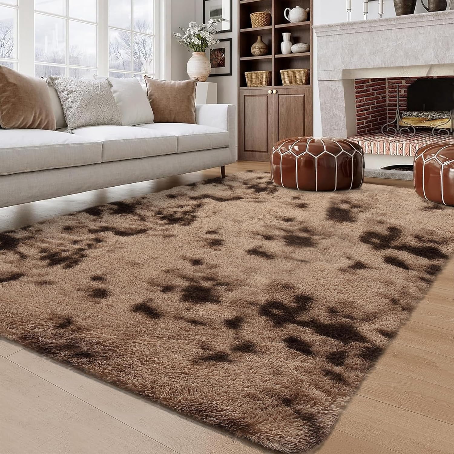 Memoryfield 6' x 9' Area Rug, Tie-Dye Plush Non-Skid Rug, for Bedroom Living Room Nursery, Brown