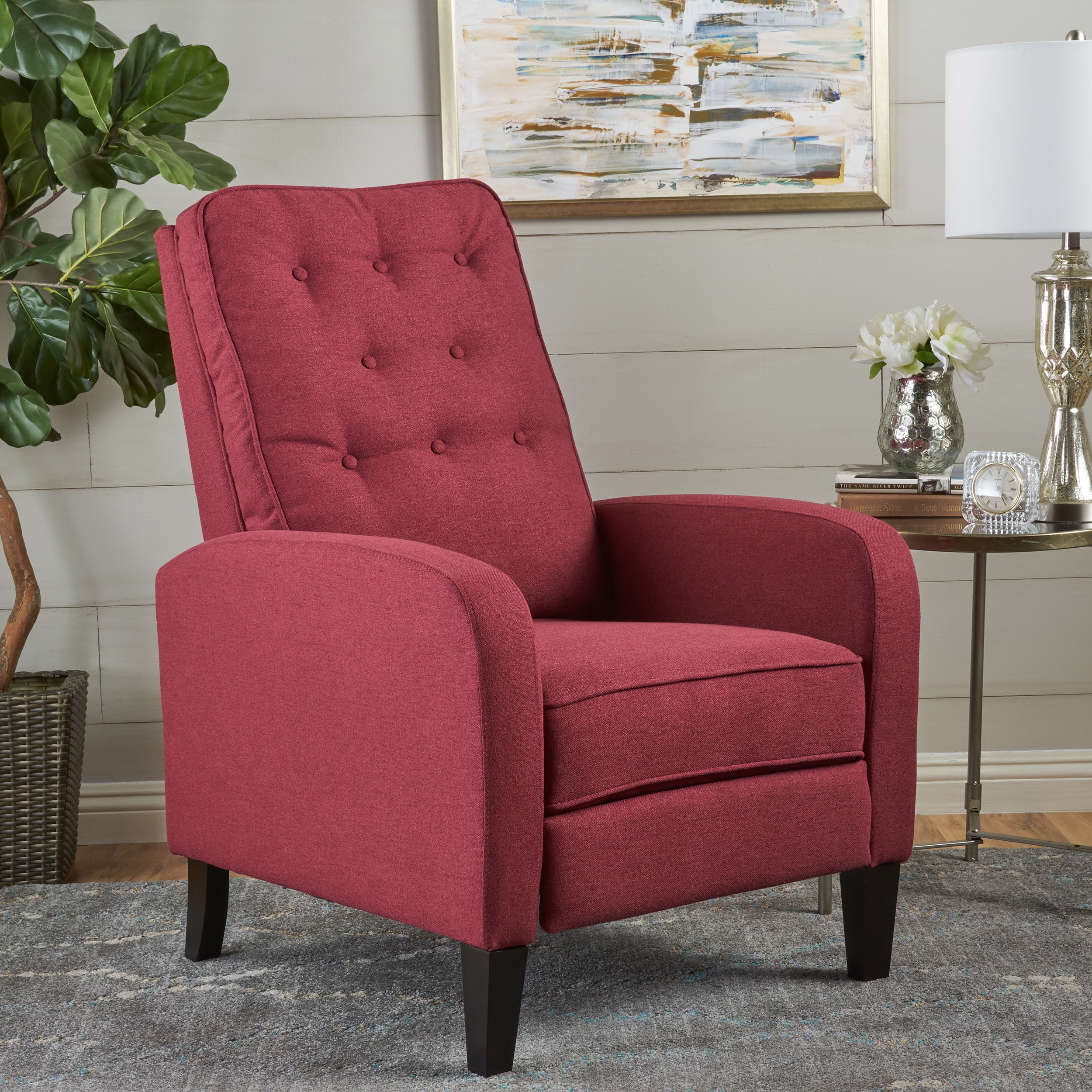Noble House Brenda Tufted Back Fabric Recliner, Deep Red, Dark Brown ...