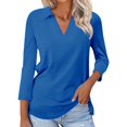 thumbnail image 2 of Cuekondy Blue Womens Blouses Women's 3/4 Sleeve T Shirts Summer V Neck Shirts Collared Casual Basic Tees Blouse Summer Tops Size L, 2 of 4