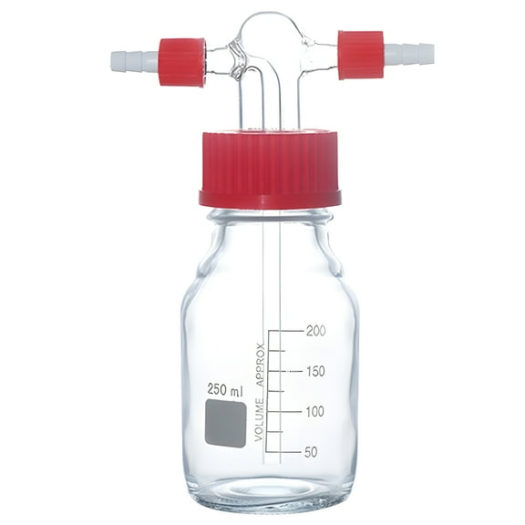 Glass Wash Bottle with Red PP Cap, 8.45 oz (250ml) Lab Pressure Bottle with Dual Tube Ports, High Borosilicate Glass, Easy-to-Read Graduations, Ideal for Laboratory Gas Washing and Purification