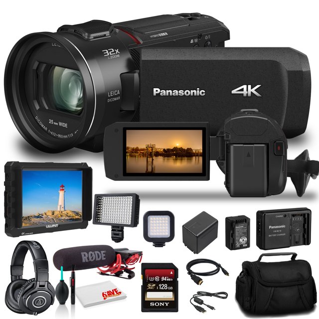Videoc?mara Panasonic HC-VX1 4K HD (HC-VX1K) - Paquete - Con micr?fono Rode + monitor HD de 7" + auriculares ATH-M40x + kit de bater?a y cargador Panasonic + tarjeta de memoria de 128 GB + luz de v?deo LED + bolsa suave + m?s 6avenida HC-VX1K_EDI_7