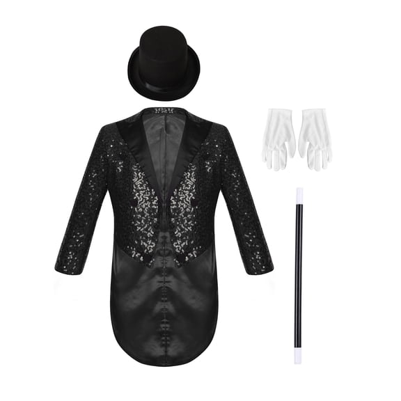 inhzoy Kids Carnival Outfit Blazer With Hat Gloves And Wand Boy's Magician Dress Up Boys Carnival Jacket Kids Black 12