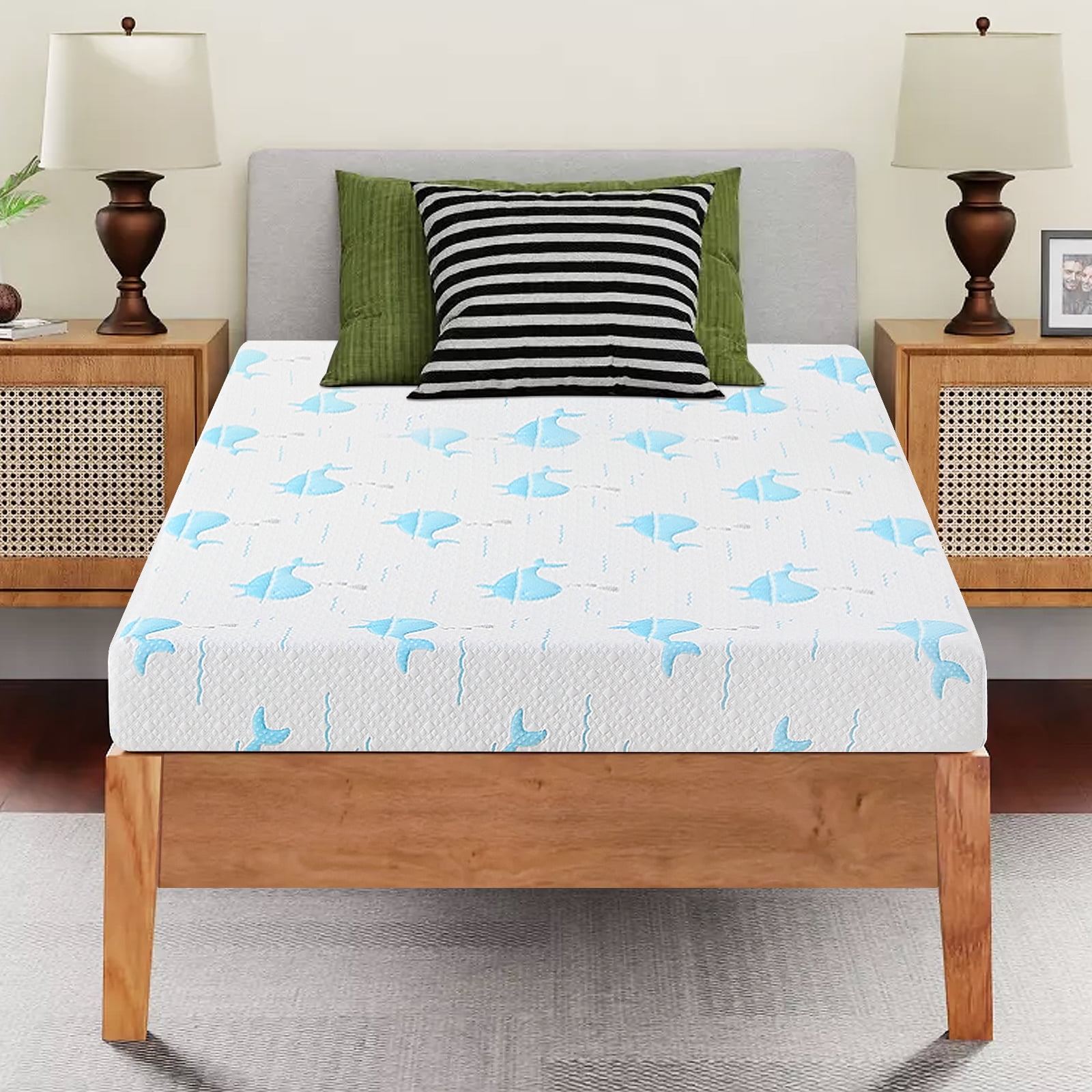 6 Inch Twin Mattress for Kids, Removable Washable Cover with Whales Pattern Cooling Memory Foam Medium Feel, Bed-in-a-Box, CertiPUR-US Certified, Twin, White/Blue