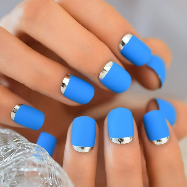 Blue Cute Short Press On Nails Matte Round Fake Nails with Designs for  Women 24pcs Acrylic Artificial Nail Tips with Adhesives Sticker Nail File -  
