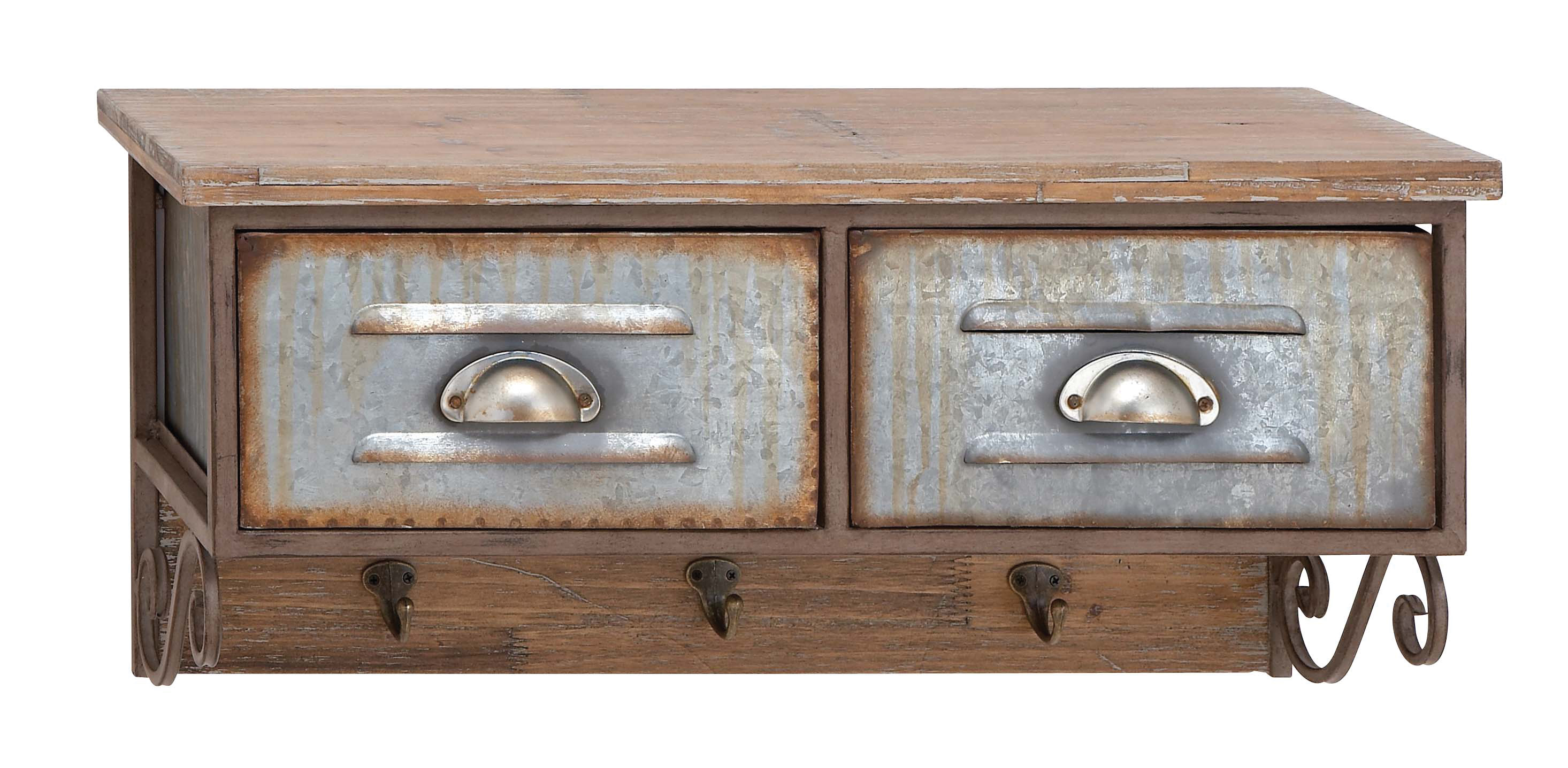 GwG Outlet Wood Shelf with 2 Aged Metal Drawers and 3 Hook Hangers