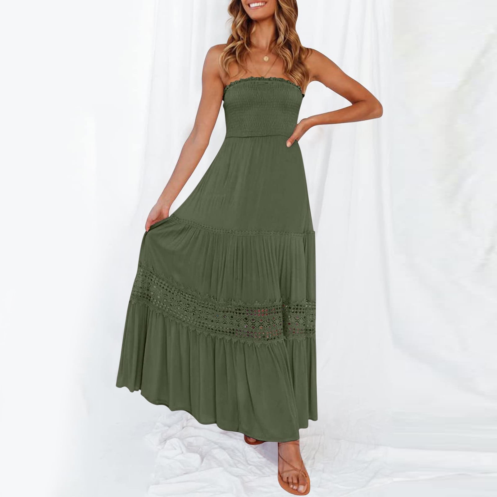 Summer Dresses For Women 2024 Vacation Summer Bohemian Strapless Off Shoulder Lace Trim Backless Flowy A Line Beach Long Maxi Dress