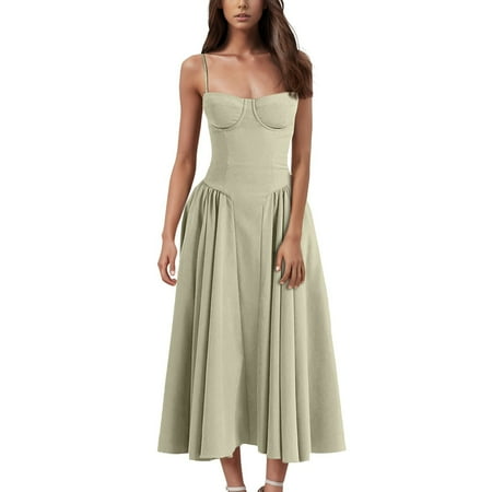 Qwertyu Dresses for Women 2025 Boho Spaghetti Straps Corset Dress Sleeveless Elegant Prom Dresses Flowy Pleated Midi Dress with Pocket Green S