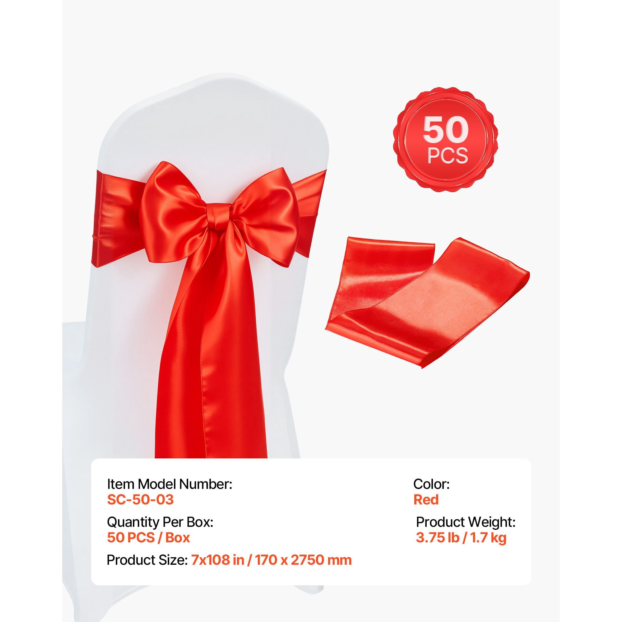 Chair Sashes 50-Pack 7x108 Inch Satin Ribbon Ties for Wedding Banquet Party Chair Decoration