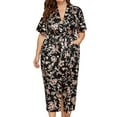 thumbnail image 1 of Albornoz estampado de manga corta para mujer, bata de baño larga de satén de gran tamaño con bolsillos para el hogar, Hotel, fondo negro, flores rosas, 4XL, 1 of 5