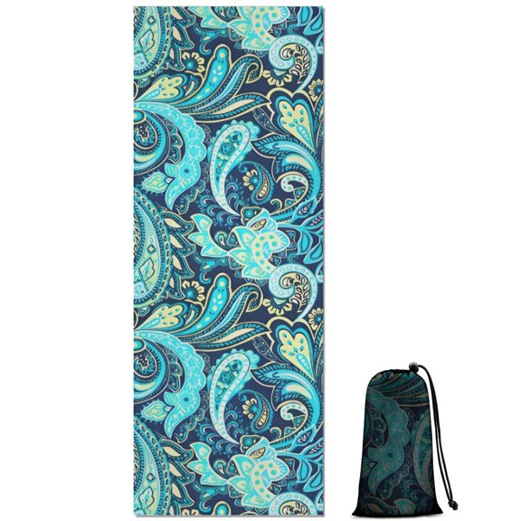 Blue Paisley and Floral Pattern Hot Yoga Mat Towel Non Slip for Hot Yoga - Quick-Drying Yoga Mat Cover with 4 Corner Pockets with Travel Bag - Hot Yoga Towel Non Slip 70"x26"