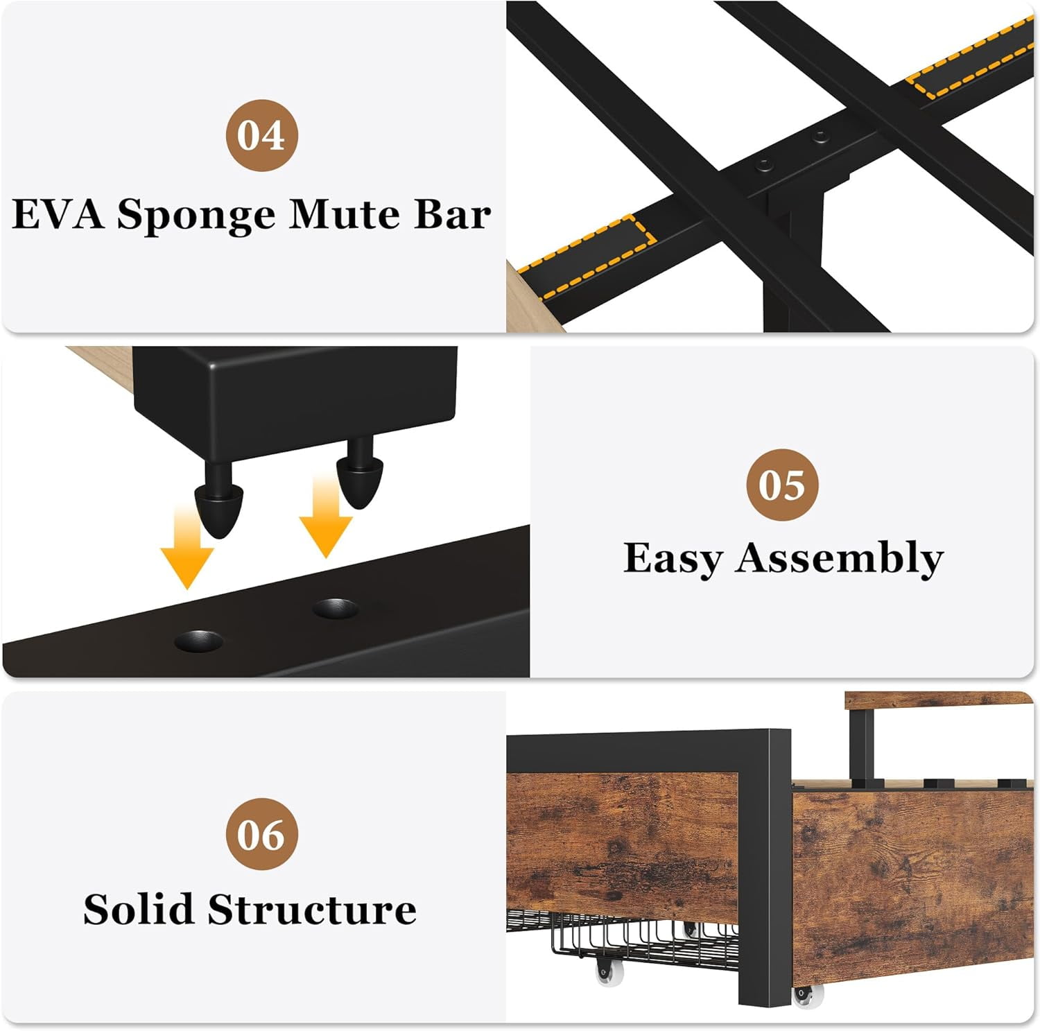 Full Bed Frame with Wooden Headboard: Spacious Platform Design with Under-Bed Storage and Metal Legs, Noise-Free Operation, No Box Spring Required, Assembly - Rustic Brown Finish